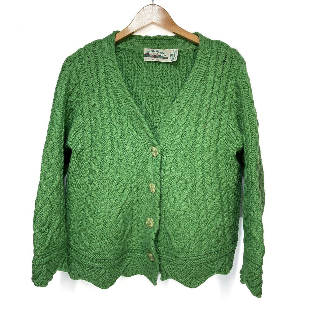Aran Crafts Womens Sweater Green Button-Up Sz L Merino Wool Cable Knit Ireland